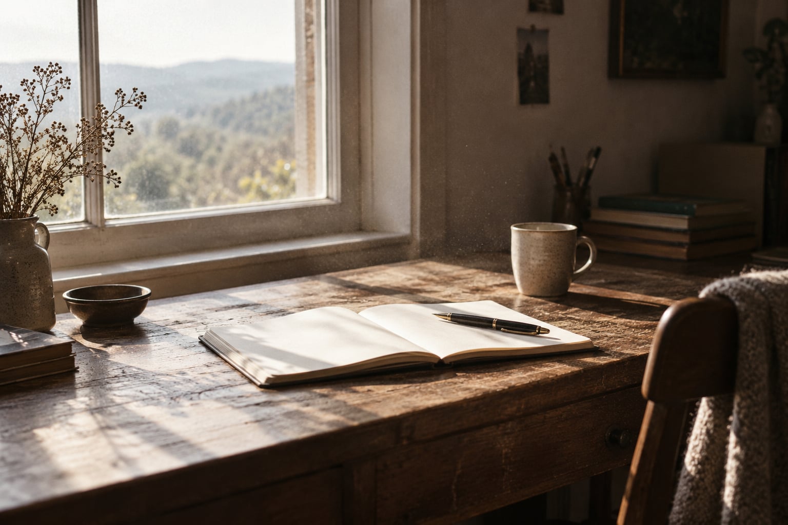 An open notebook and fountain pen on an old wooden desk in warm window light.