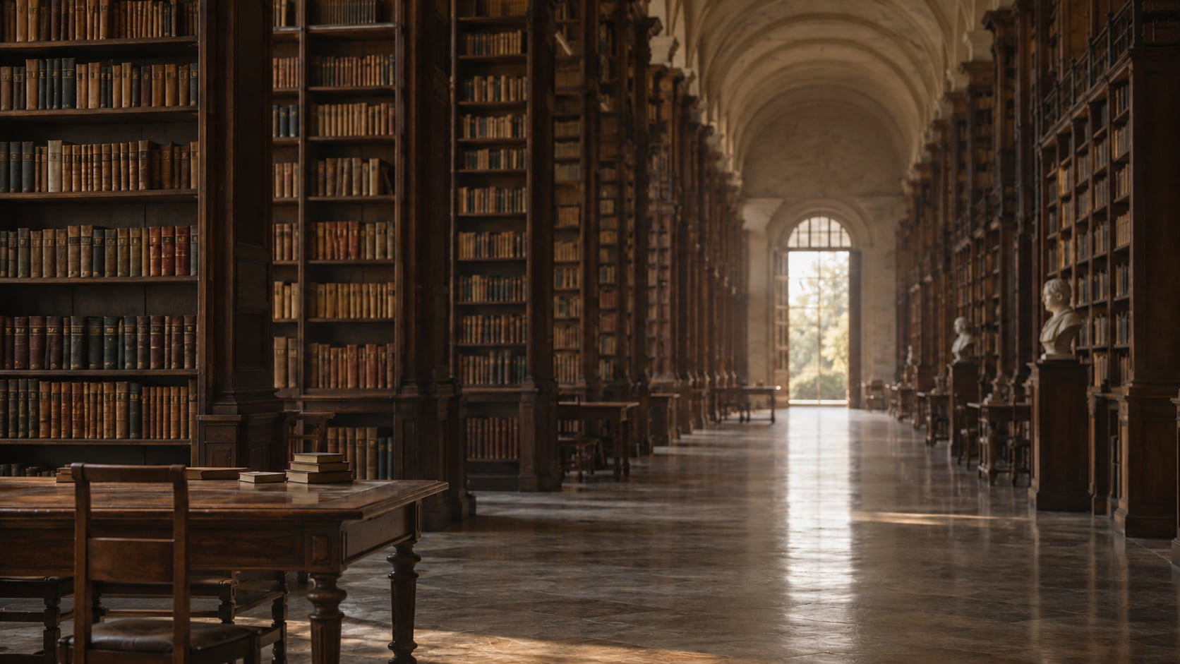 A vast, quiet library with long perspective lines leading to a distant doorway of light.