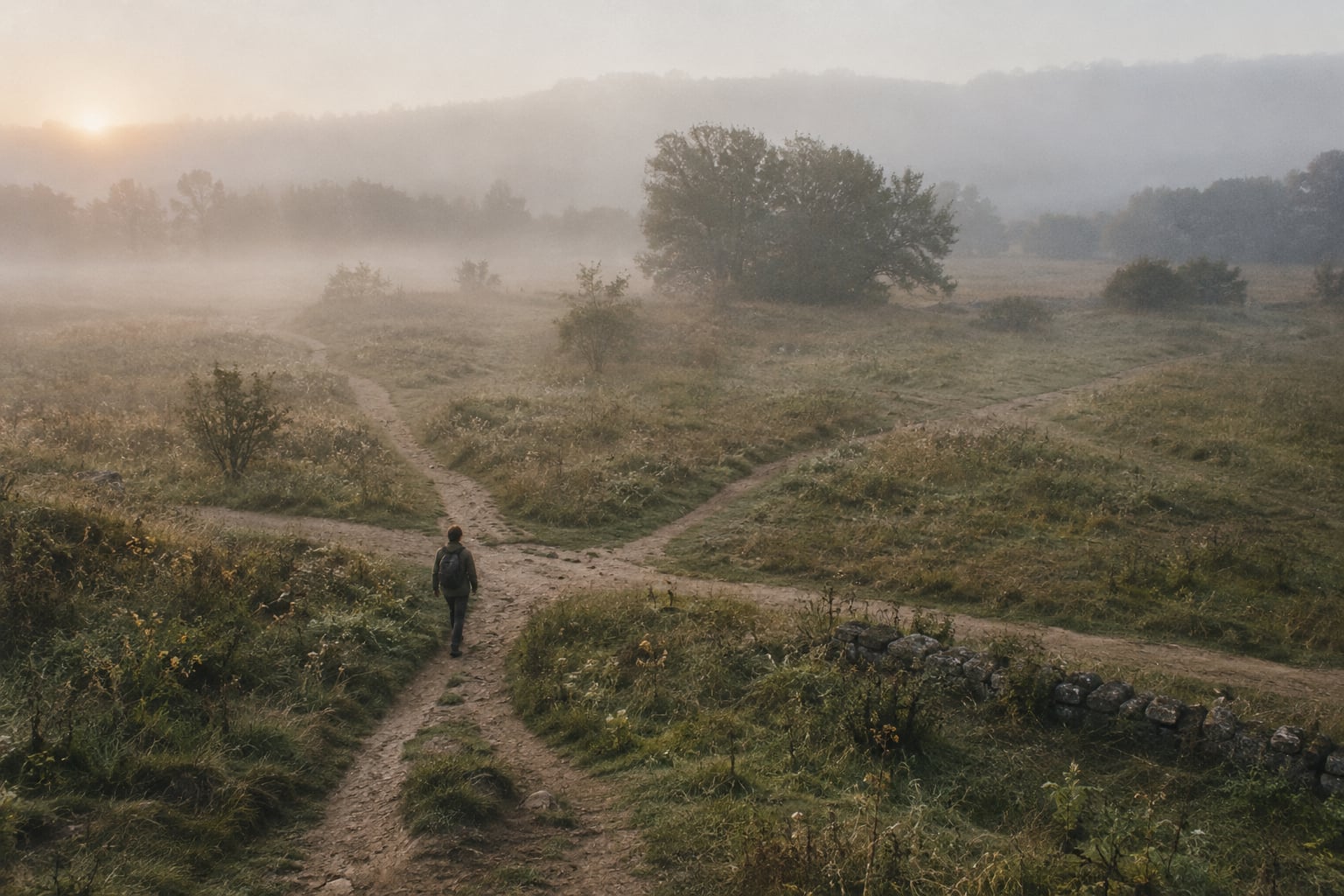 Unmarked footpaths meeting in a misty meadow, seen from above.