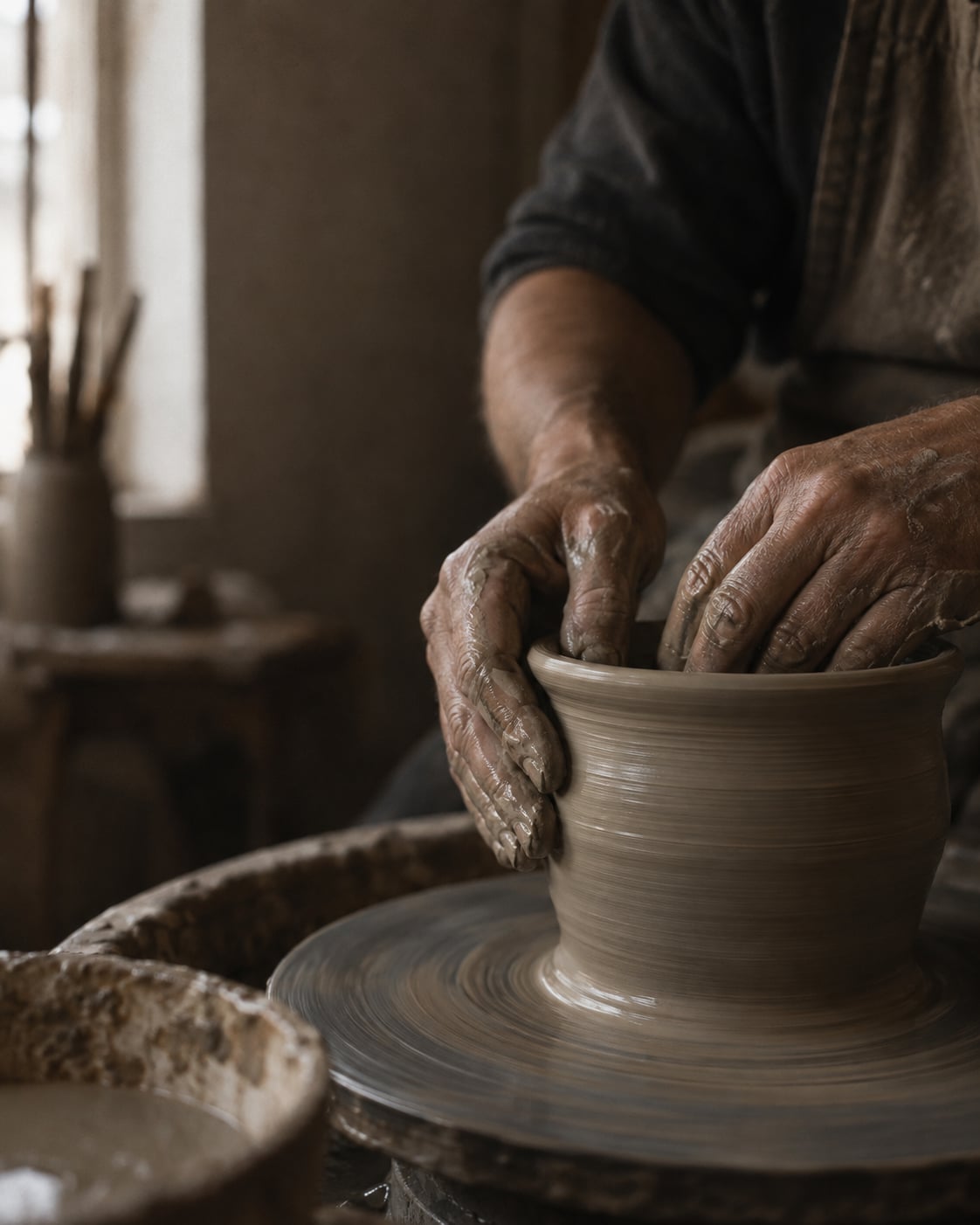 Weathered human hands shaping clay on a potter’s wheel in low light.