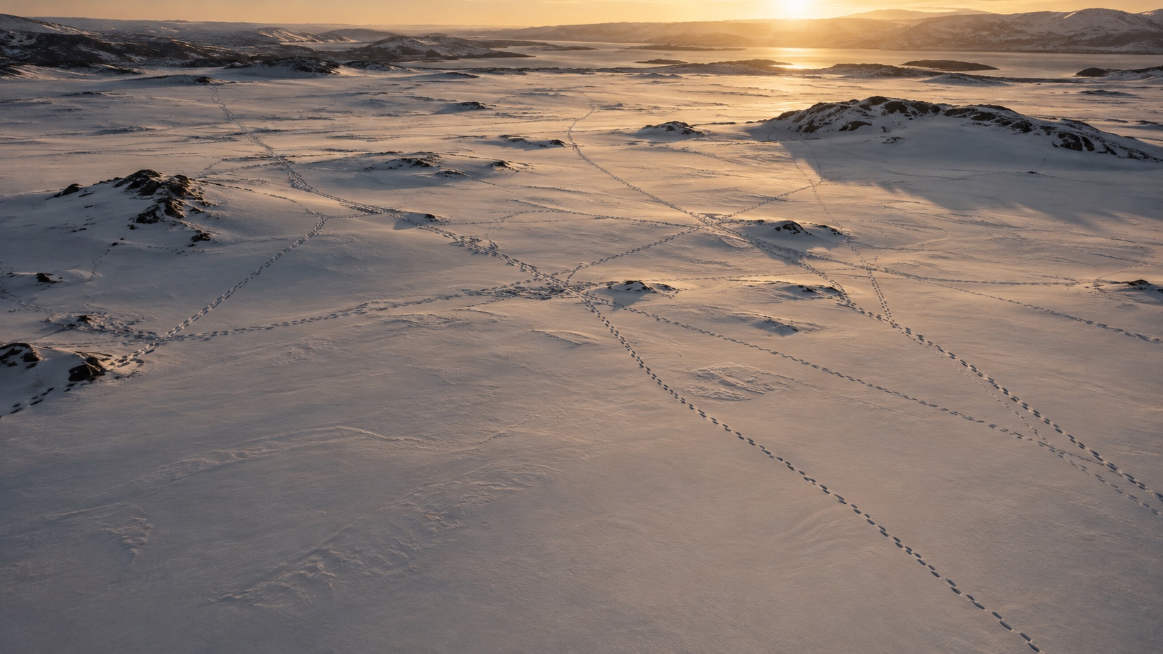 Many trails of footprints crossing a vast snowfield, converging and diverging in warm winter light.