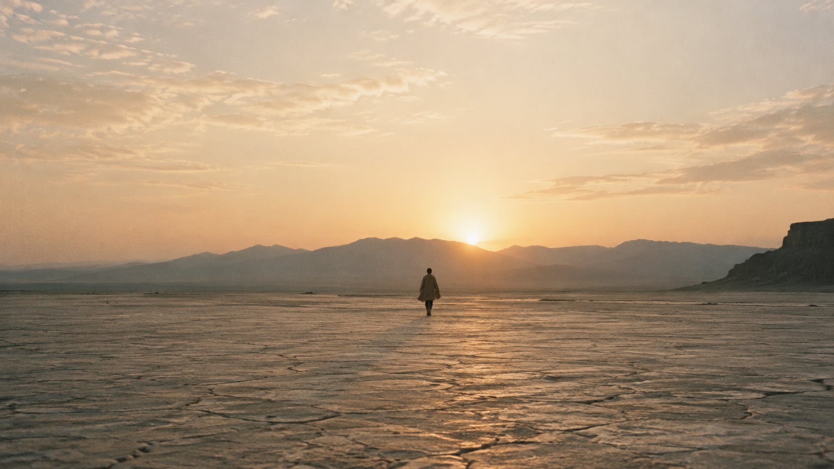 A lone figure walking toward the horizon across a vast stone plaza at dawn.