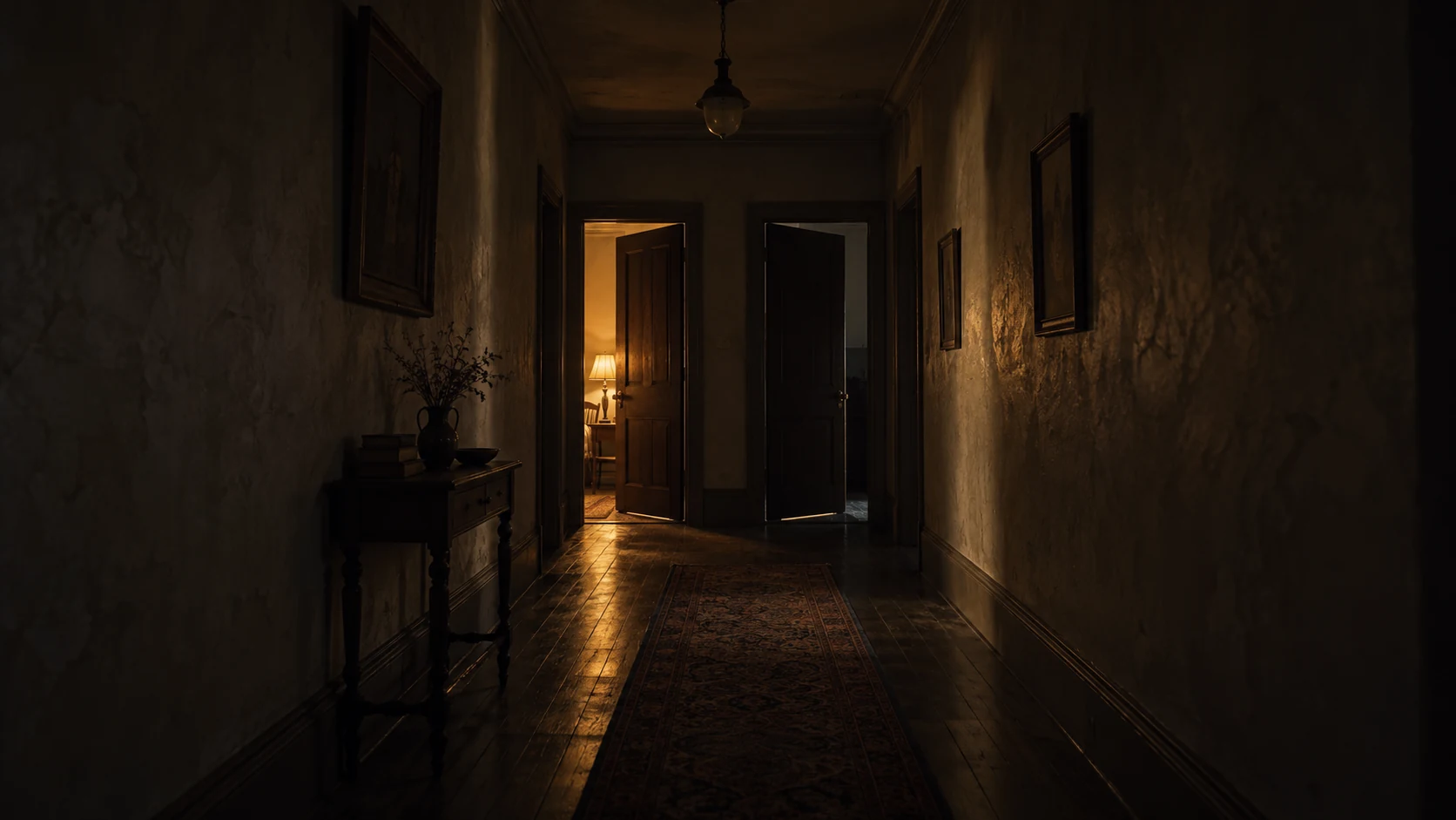 Two doors at the end of a dim plaster hallway, one opening into warm light.